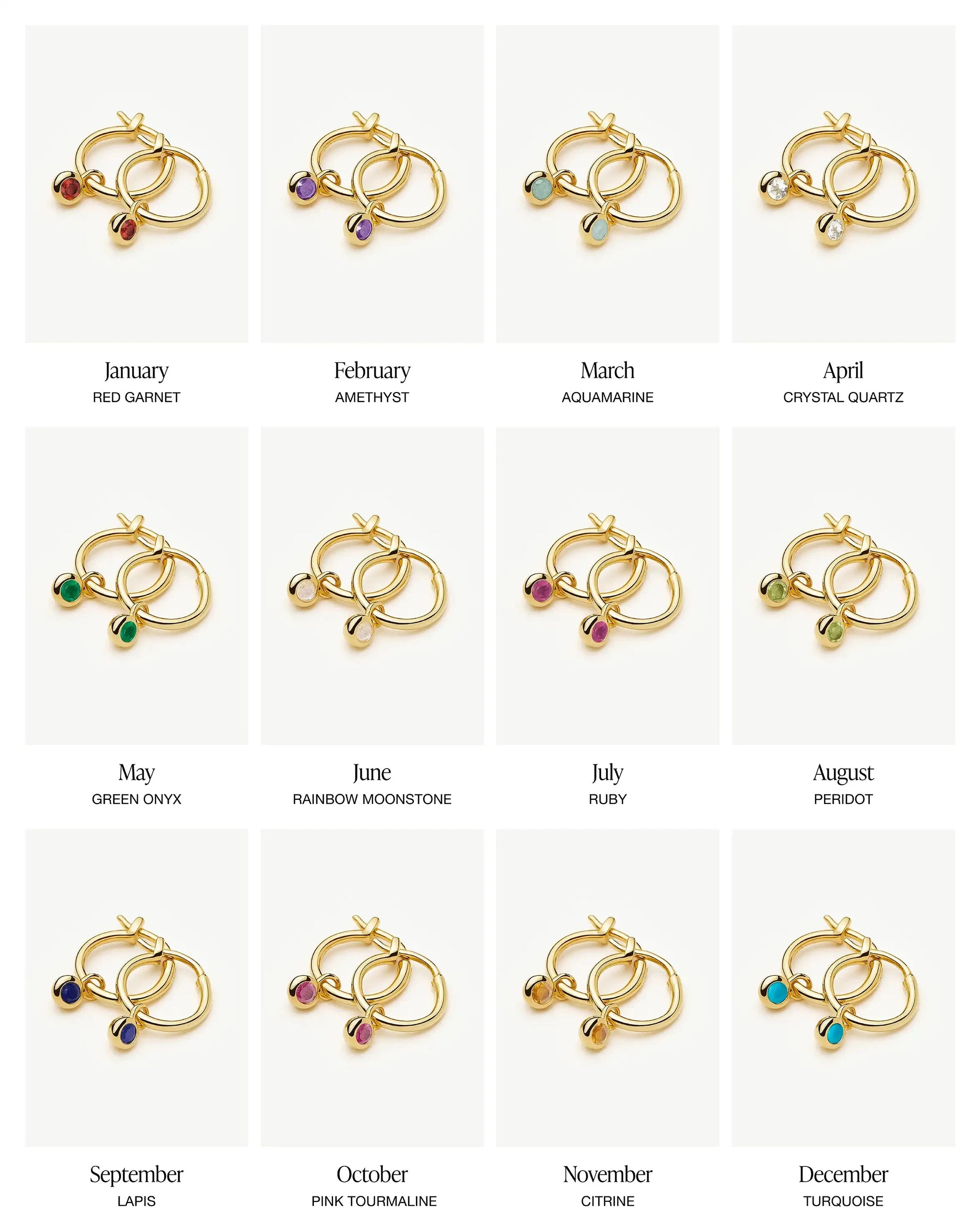 18k gold birthstone earrings with charm for each month