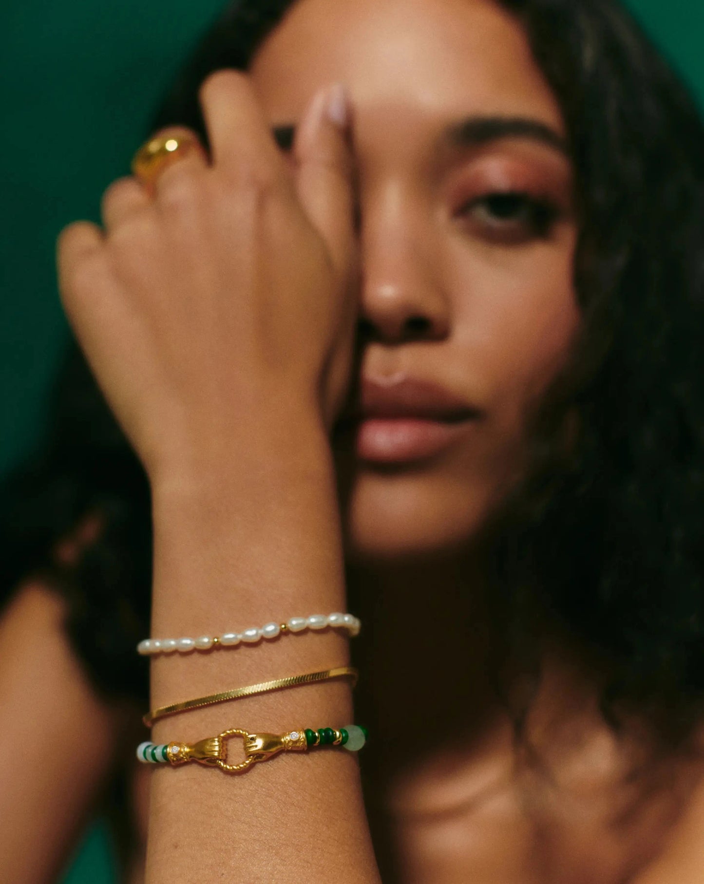 Harris Reed In Good Hands Beaded Gemstone Bracelet | 18k Gold Plated/Multi Green Gemstone & Pearl Bracelets Missoma