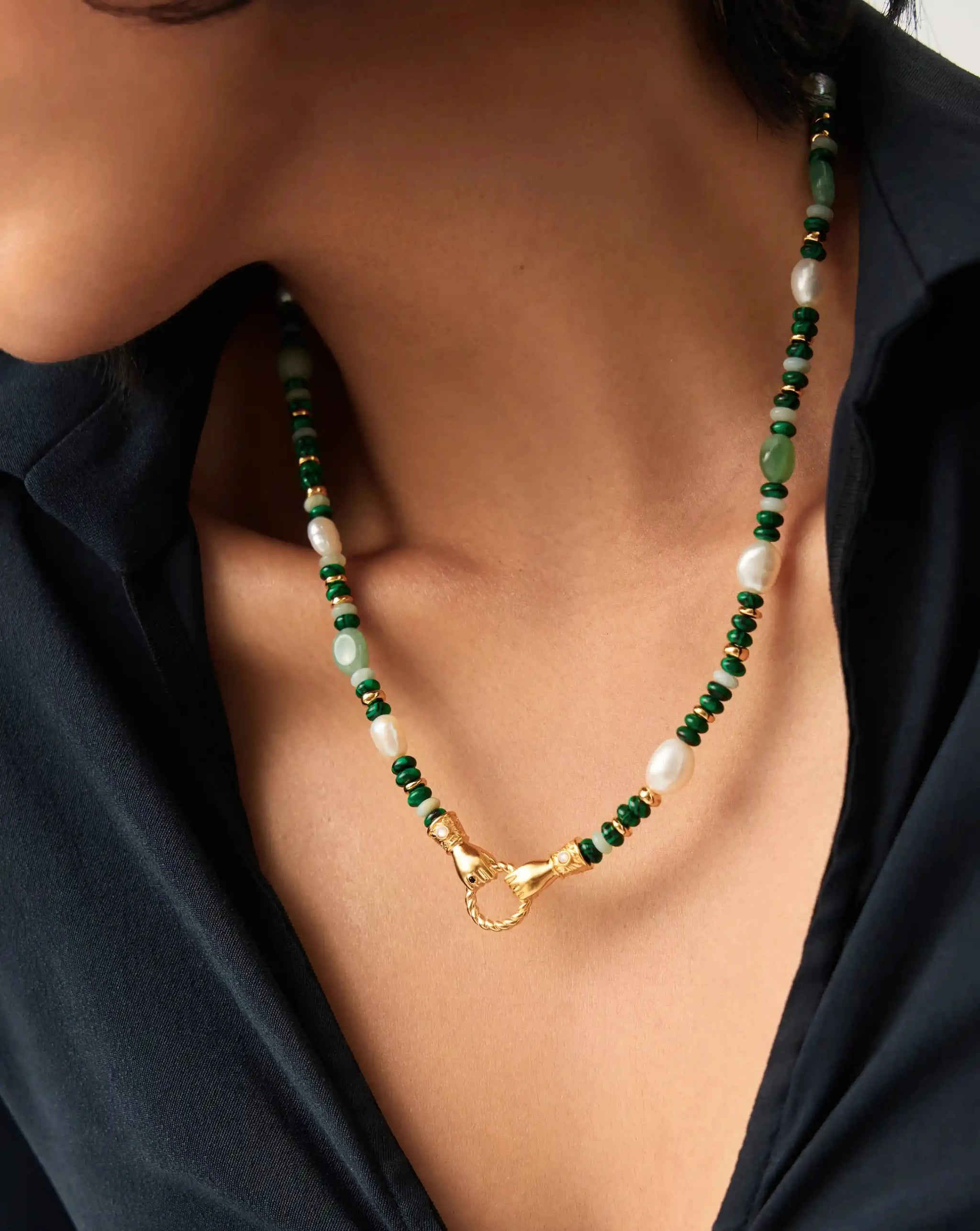 Harris Reed In Good Hands Beaded Gemstone Necklace | 18k Gold Plated/Multi Green Gemstone & Pearl Necklaces Missoma