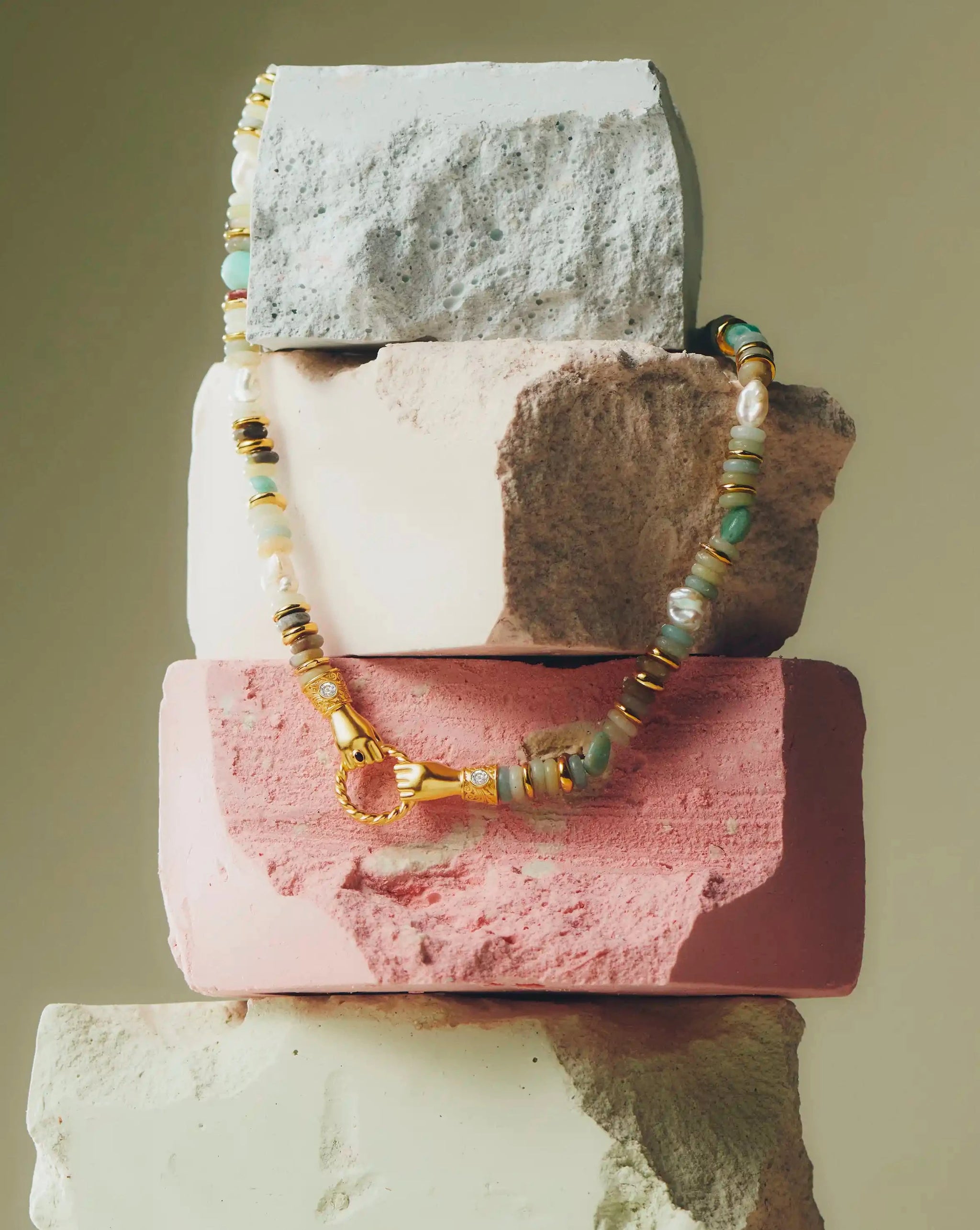Harris Reed In Good Hands Chunky Beaded Gemstone Necklace | 18k Gold Plated/Multi Amazonite & Pearl Necklaces Missoma