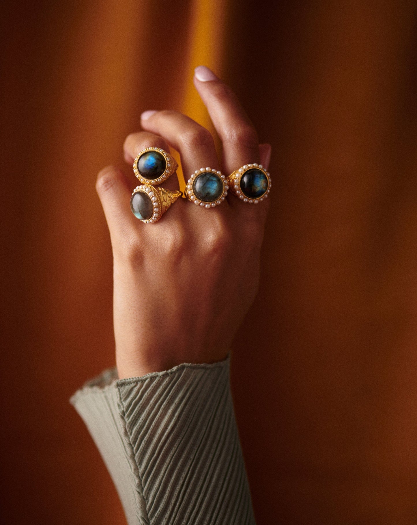 Harris Reed Labradorite Cocktail Ring | 18ct Gold Plated/Pearl & Labradorite Rings Rings Missoma