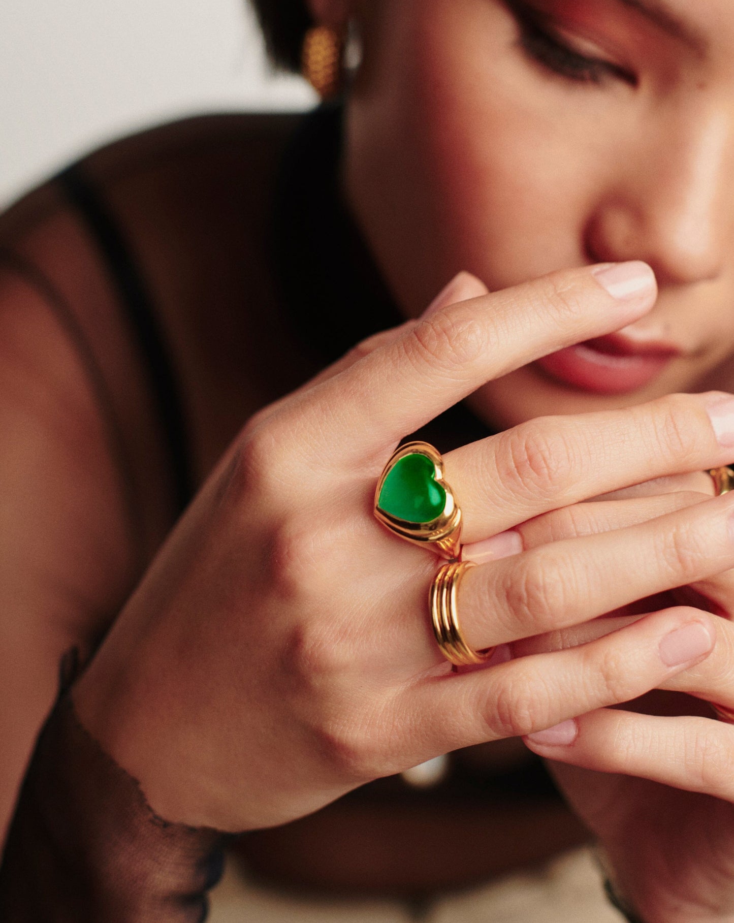 Jelly Heart Gemstone Ring | 18ct Gold Plated/Green Chalcedony Rings Missoma