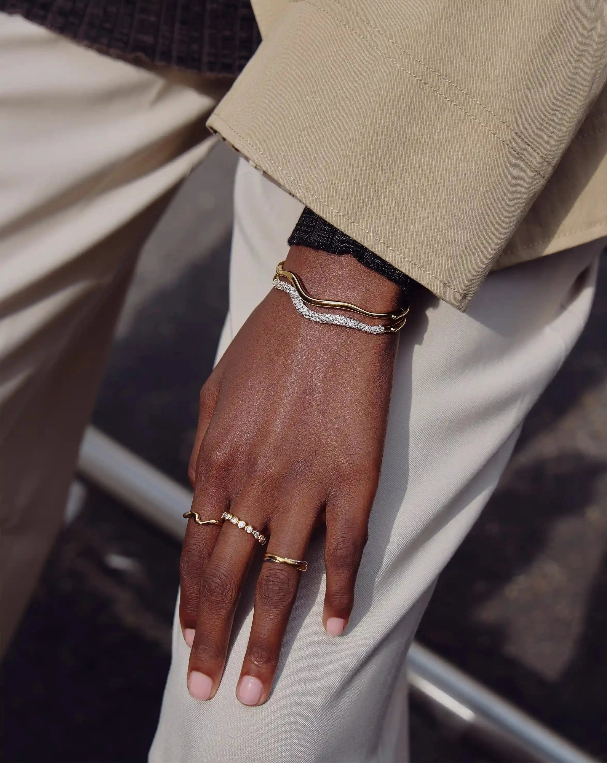 Molten Snow Ripple Hinged Bangle | 18k Gold Plated/Cubic Zirconia Bracelets Missoma