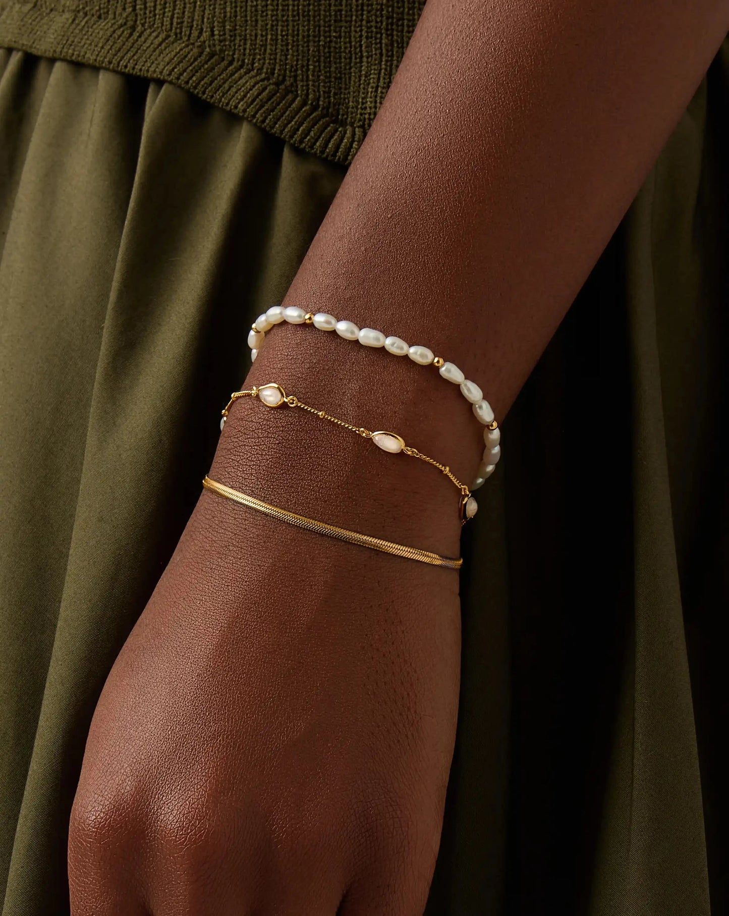 Pearl & Snake Chain Triple Bracelet Set | 18k Gold Plated/Pearl Bracelets Missoma