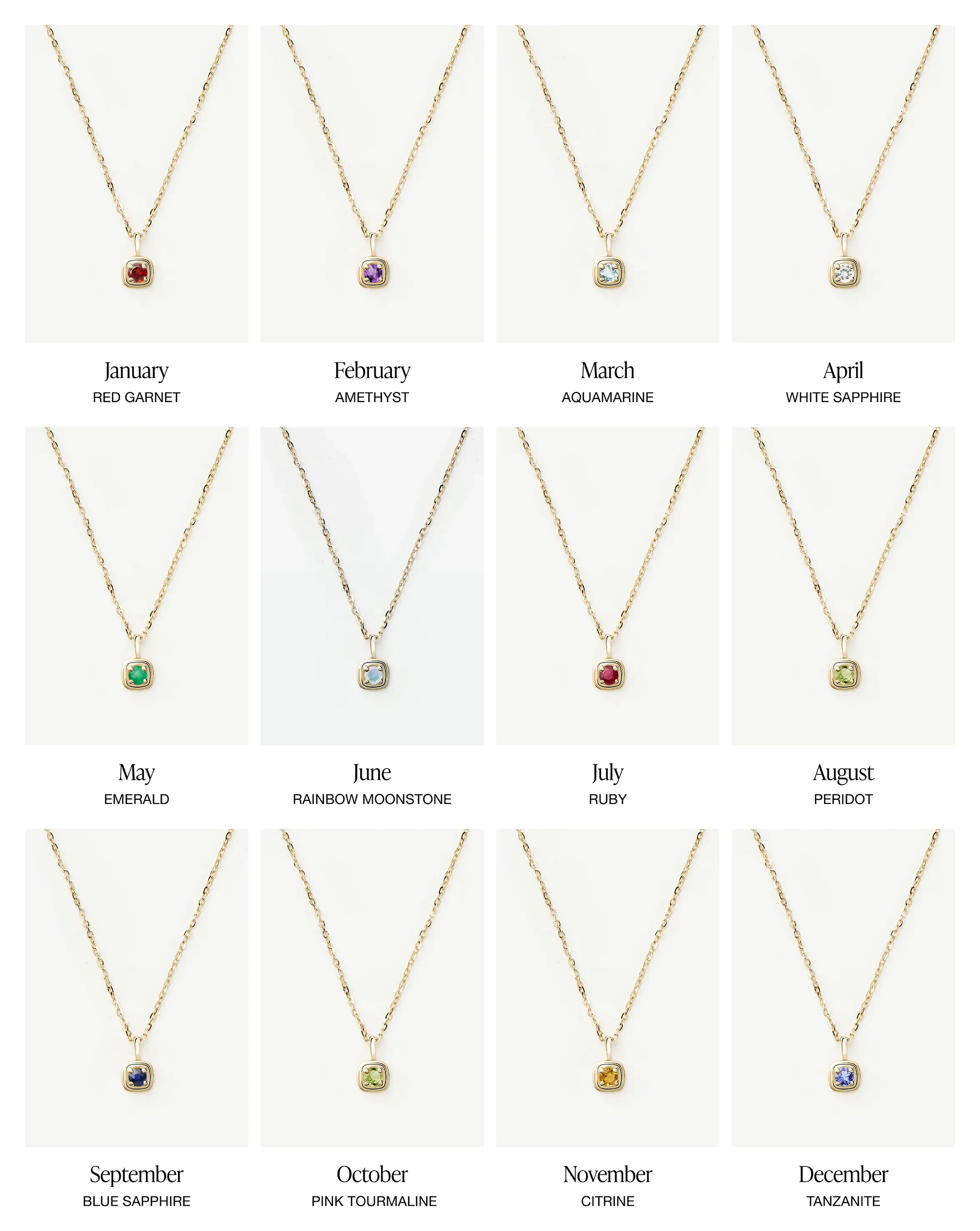 14k solid gold birthstone necklace with delicate chain and square pendant showing each birthstone month
