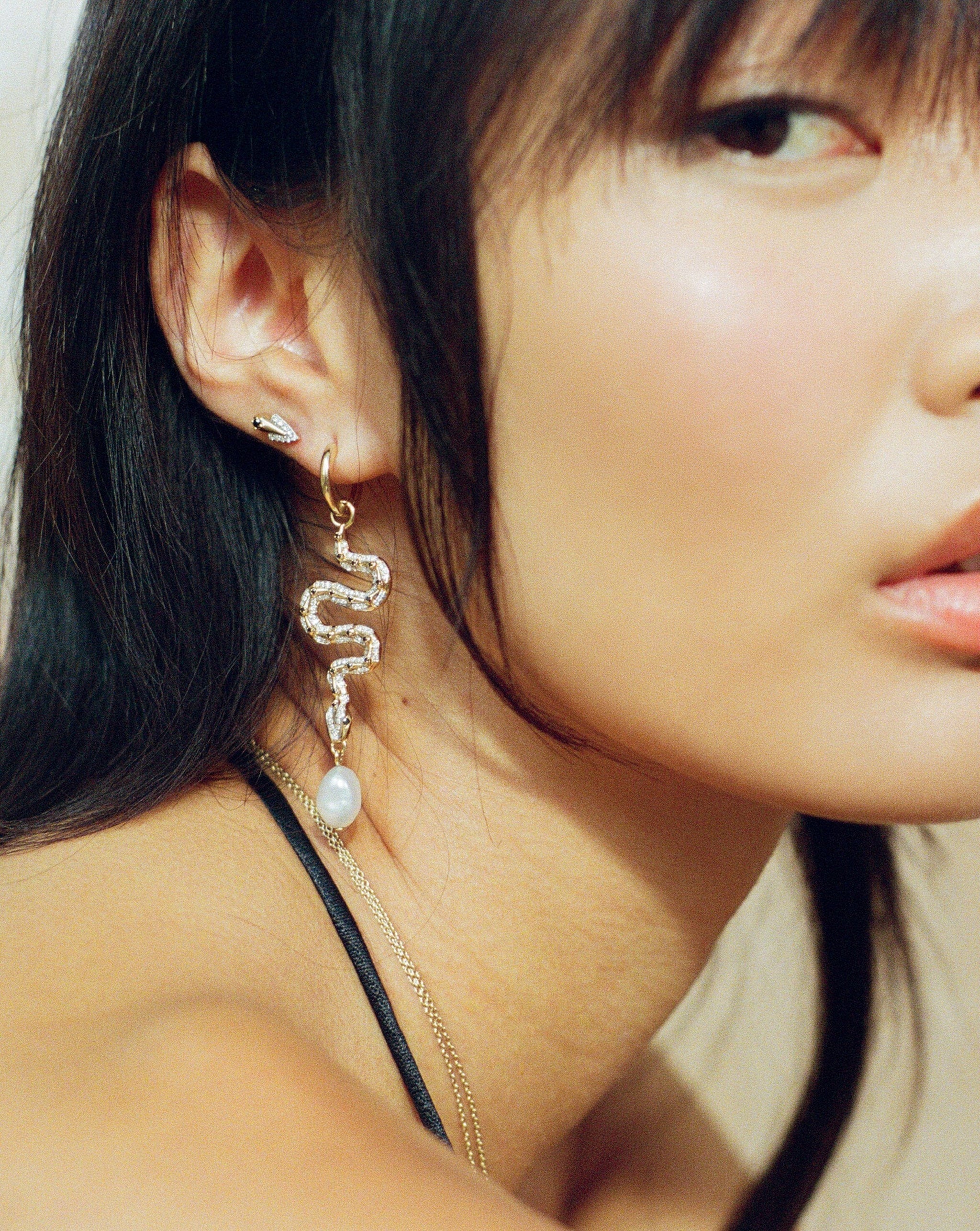 Harris Reed Fine Serpent Drop Earrings | 14ct Solid Gold/Pearl & Diamond Earrings Missoma