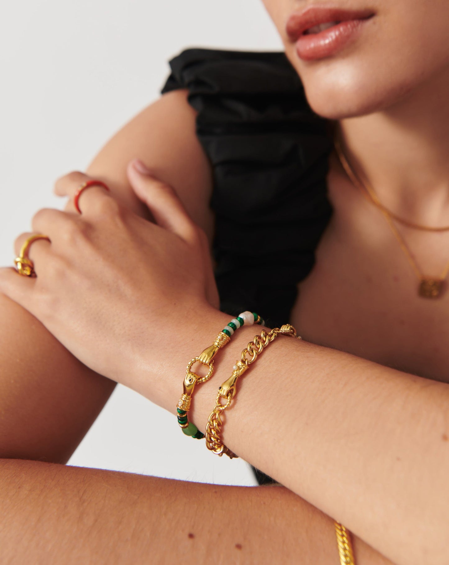 Harris Reed In Good Hands Beaded Gemstone Bracelet | 18ct Gold Plated/Multi Green Gemstone & Pearl Bracelets Missoma