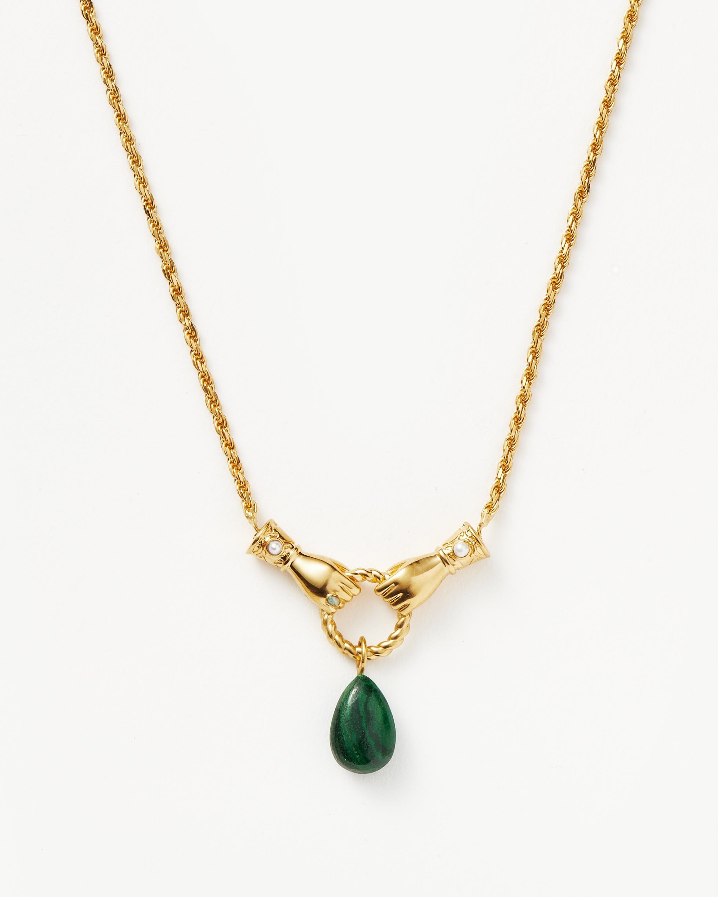 Harris Reed In Good Hands Drop Pendant Necklace | 18ct Gold  Plated/Malachite & Pearl