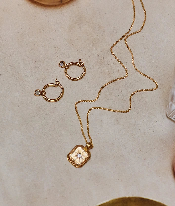gold birthstone necklace and gold birthstone charm hoop earrings