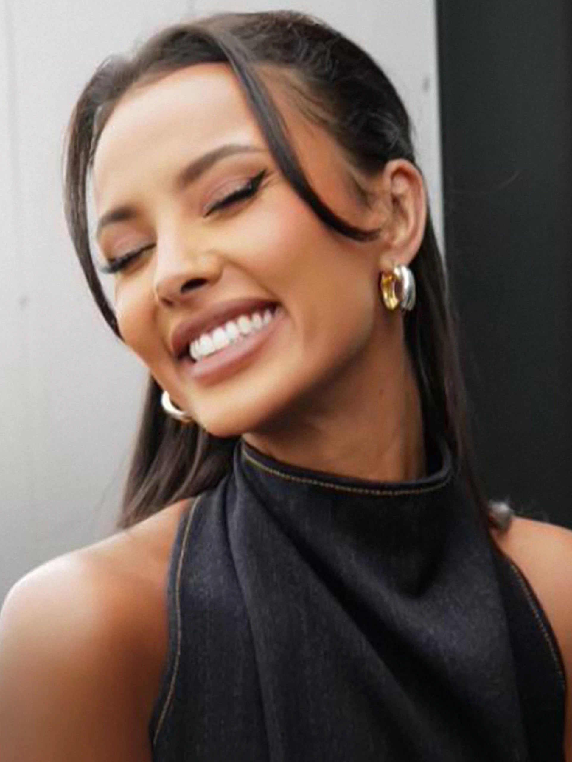 maya jama in missoma - chunky hoop earrings