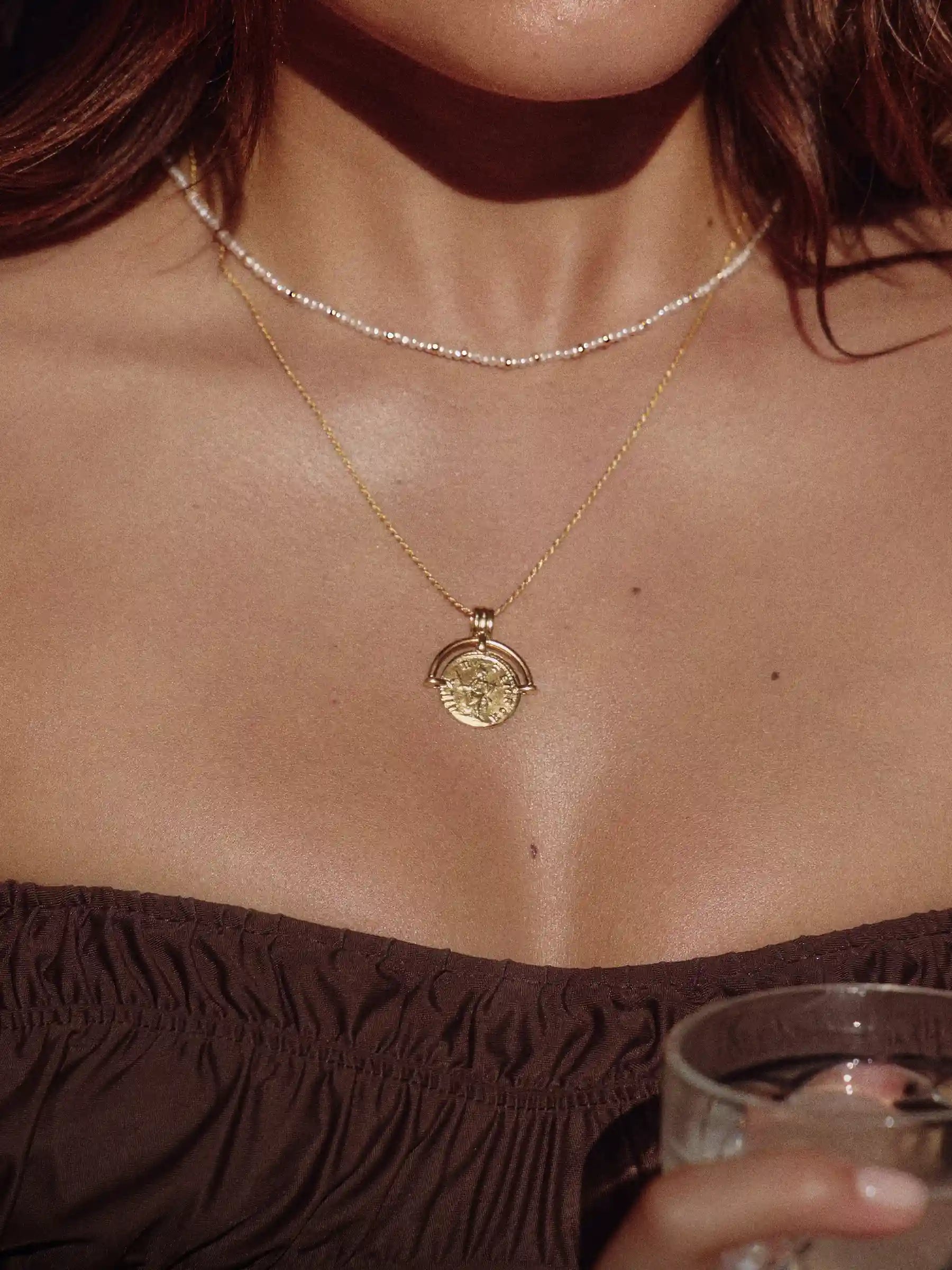 roman arc gold coin necklace with bead choker
