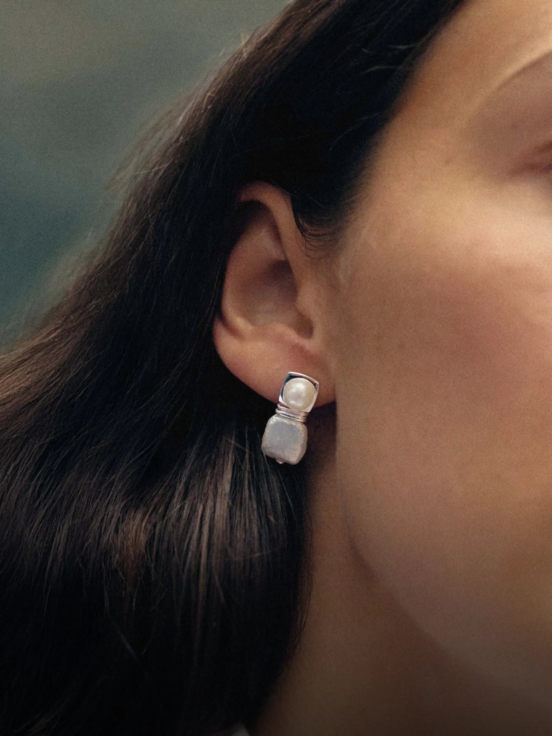 mini silver square pearl stud earrings