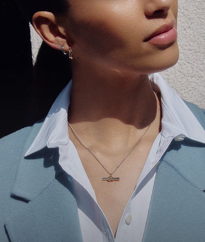t-bar necklace and hoop earrings
