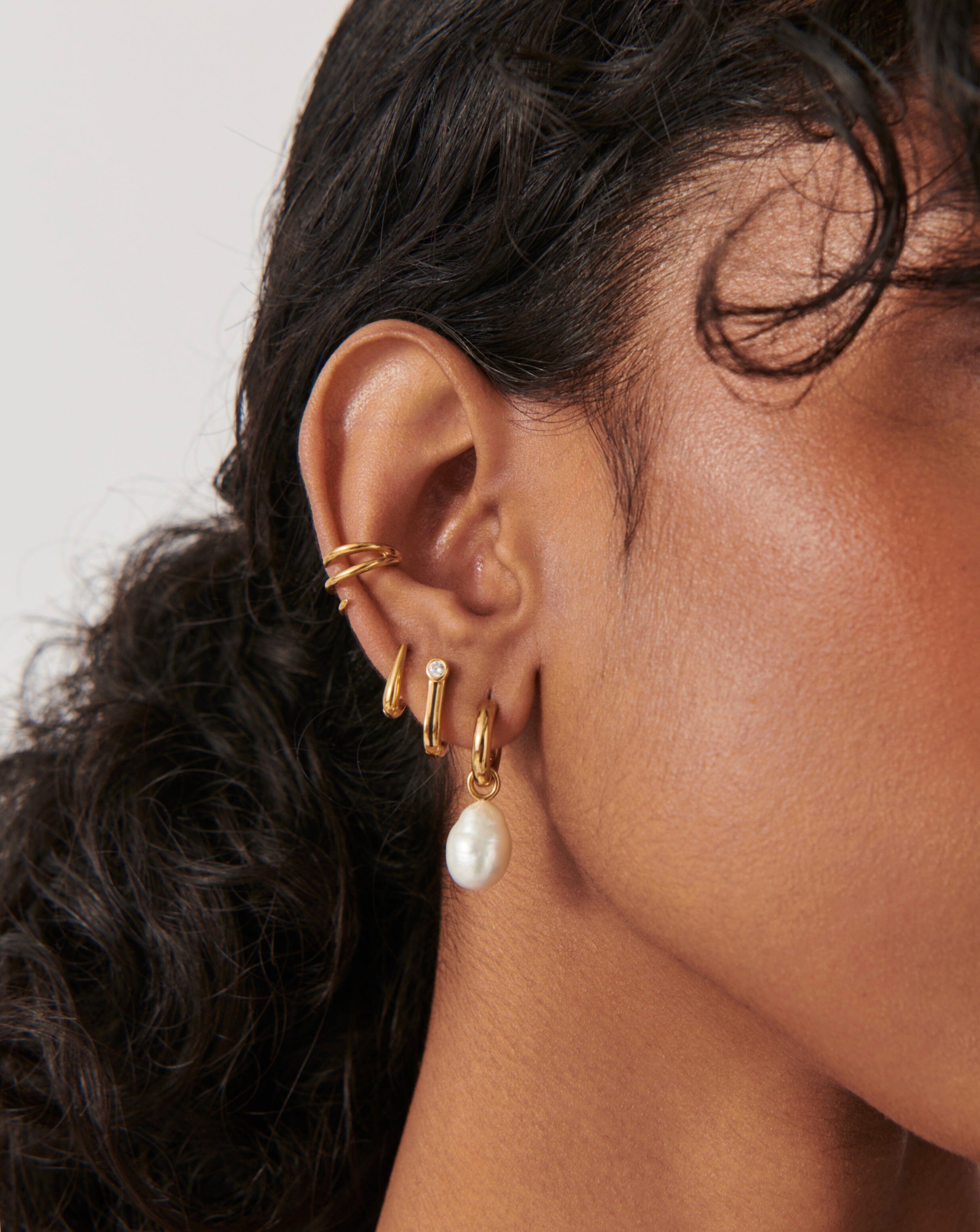 Baroque Pearl Drop Tunnel Mini Hoop Earrings | 18ct Gold Plated