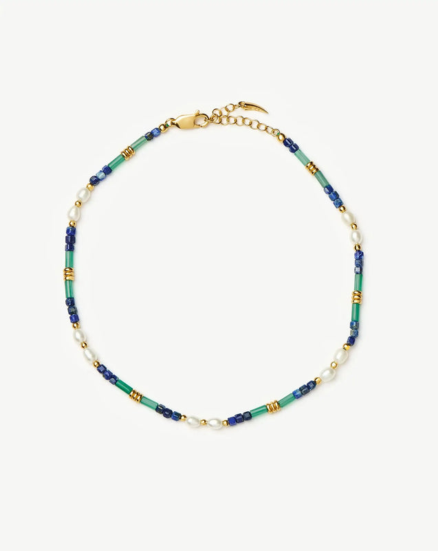 Beaded Gemstone & Pearl Anklet | 18k Gold Plated/Lagoon Blue