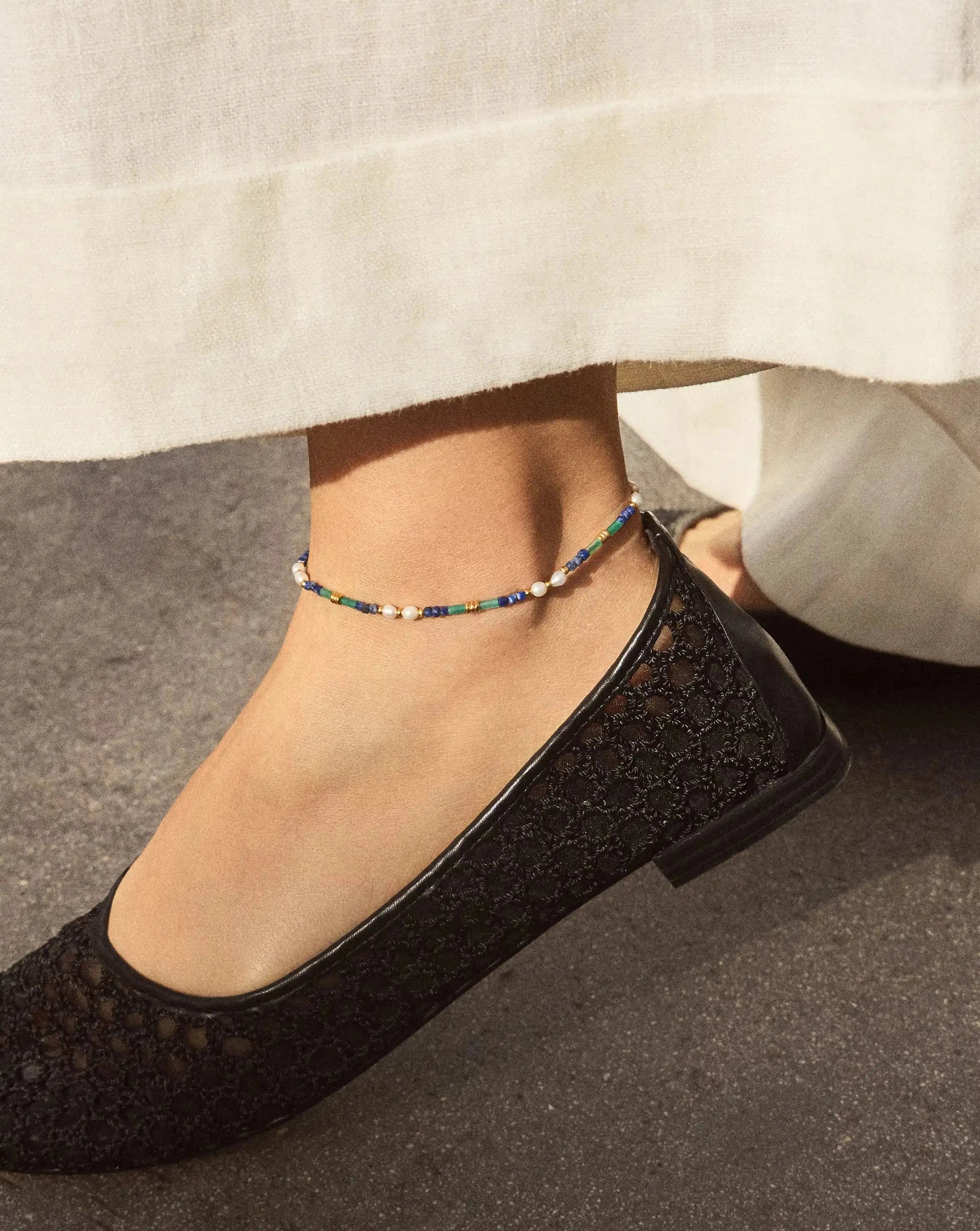 Beaded Gemstone & Pearl Anklet | 18k Gold Plated/Lagoon Blue Anklets Missoma 