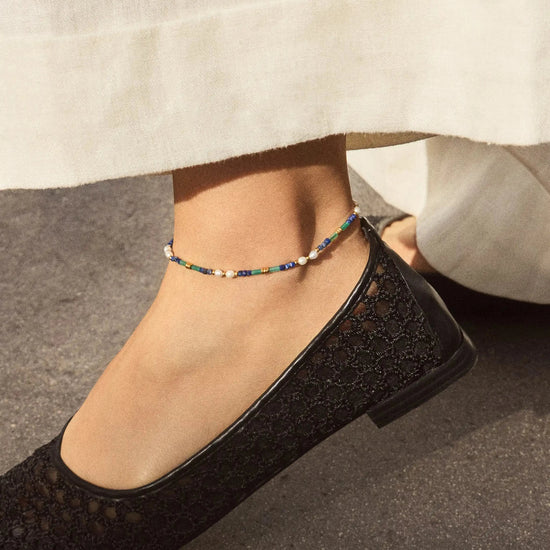 Beaded Gemstone & Pearl Anklet | 18k Gold Plated/Lagoon Blue Anklets Missoma 