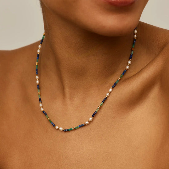 Beaded Gemstone & Pearl Short Necklace | 18k Gold Plated/Lagoon Blue Necklaces Missoma 