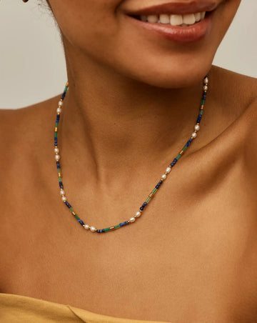 Beaded Gemstone & Pearl Short Necklace | 18k Gold Plated/Lagoon Blue Necklaces Missoma 