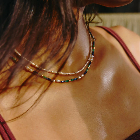 Beaded Gemstone & Pearl Short Necklace | 18k Gold Plated/Lagoon Blue Necklaces Missoma 