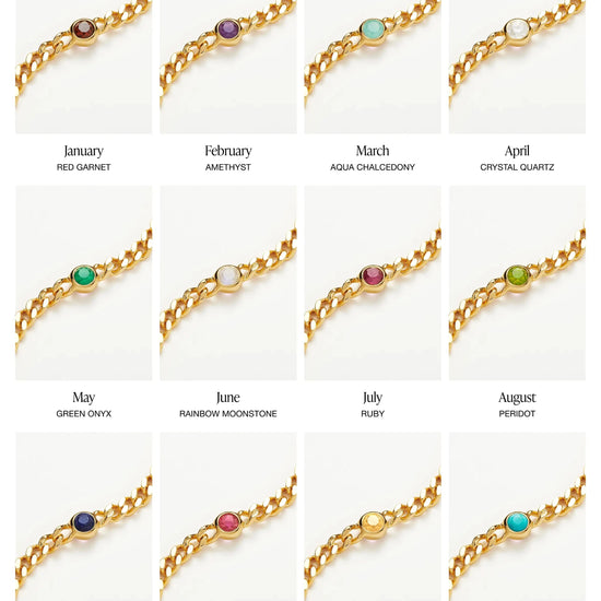 Gold birthstone bracelet with stone for each month of the year