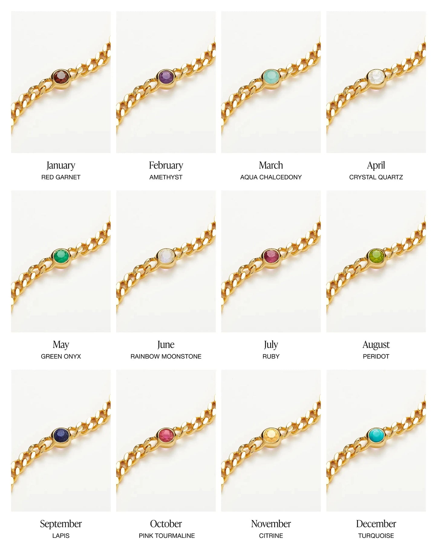 Gold birthstone bracelet with stone for each month of the year