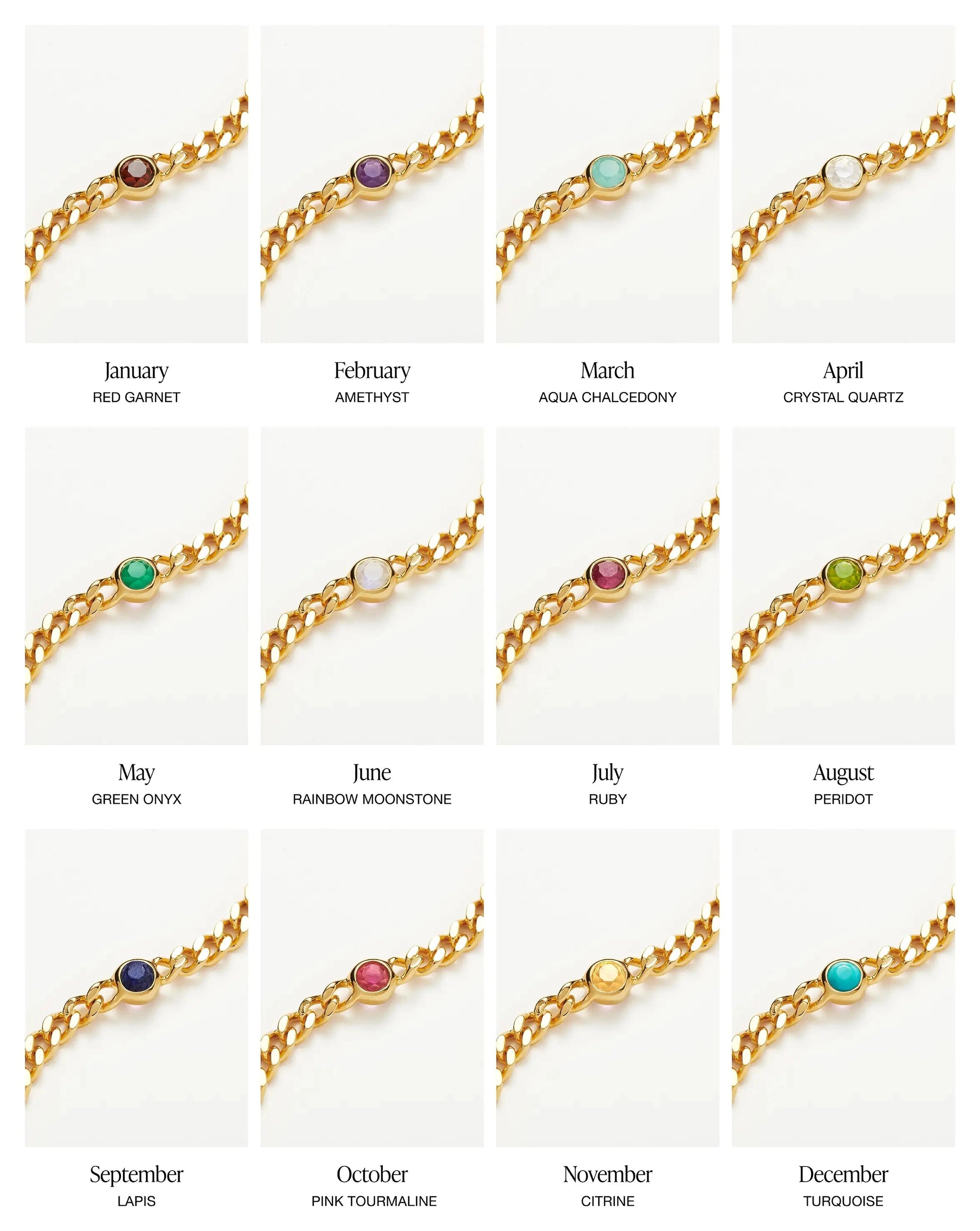 Gold birthstone bracelet with stone for each month of the year