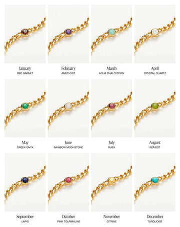 Gold birthstone bracelet with stone for each month of the year