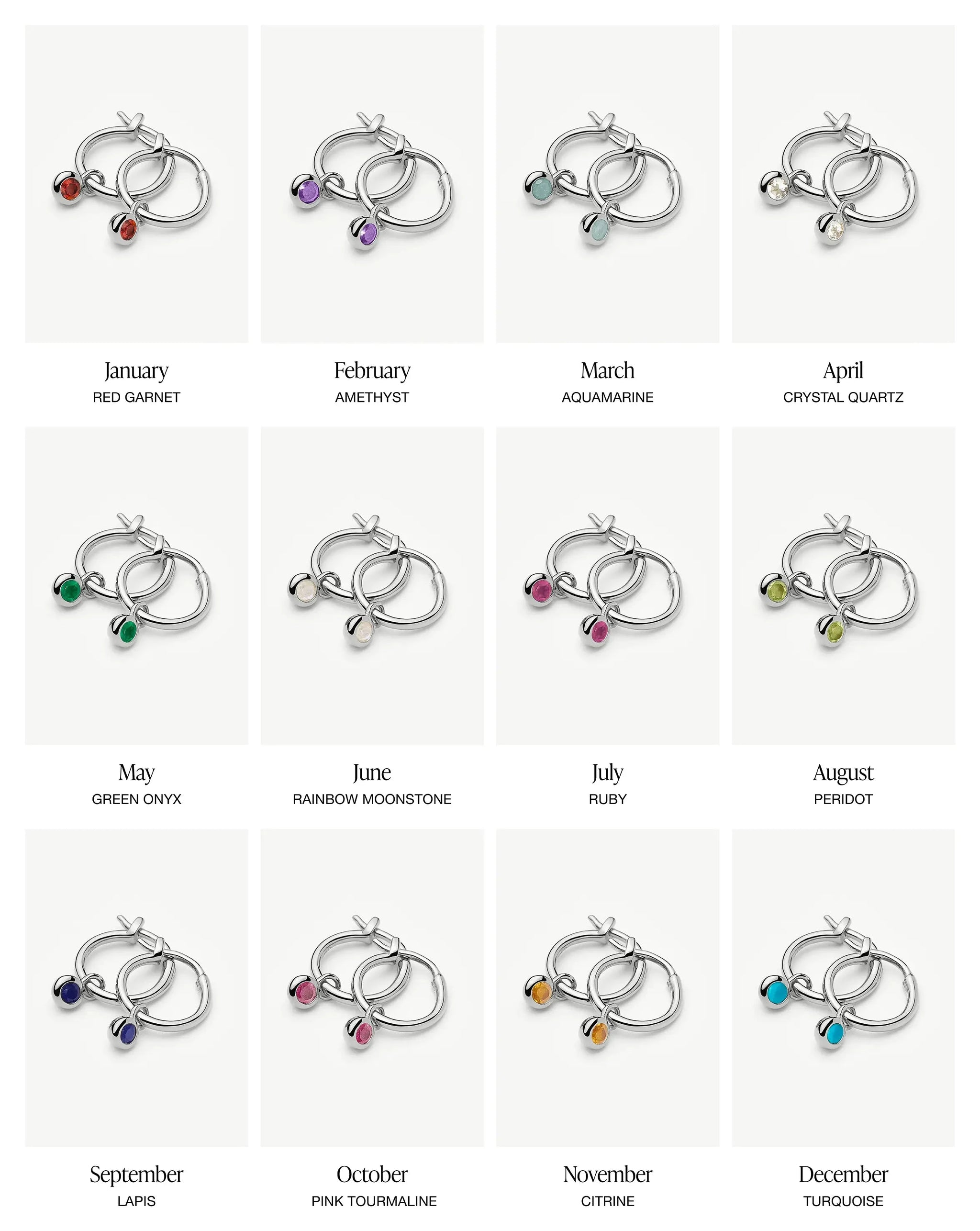 sterling silver birthstone charm hoop earrings for each month