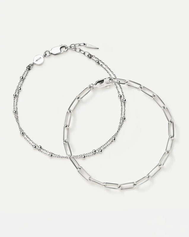 Double Chain & Mini Paperclip Bracelet Set | Sterling Silver/Silver Plated