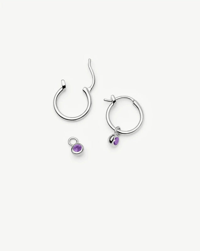 February Birthstone Mini Charm Hoop Earrings | Sterling Silver/Amethyst