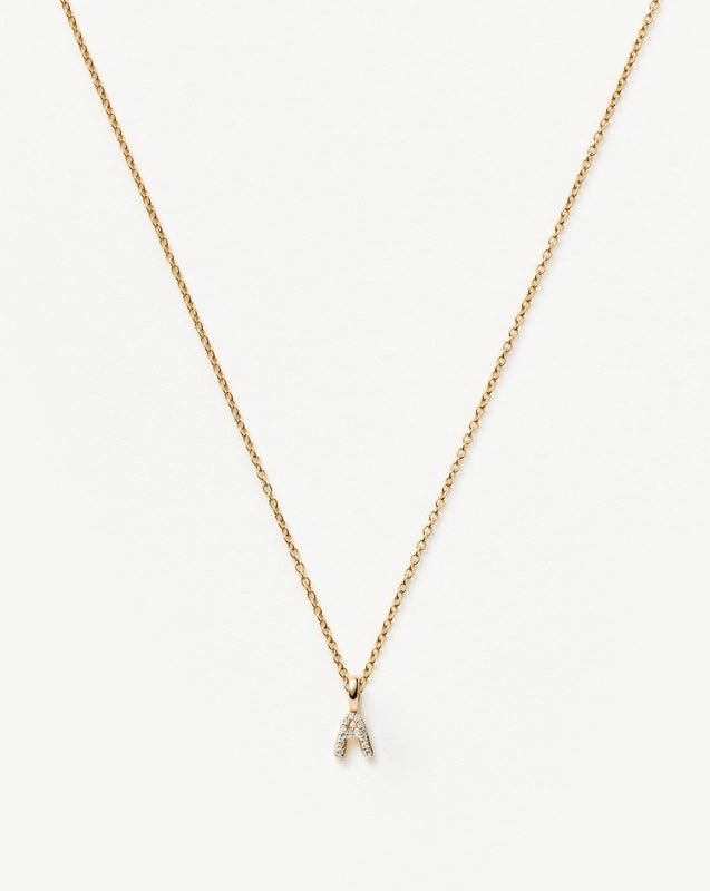 Solid Gold Diamond Initial Mini Pendant Necklace  - A | 14k Solid Yellow Gold Plated/Diamond