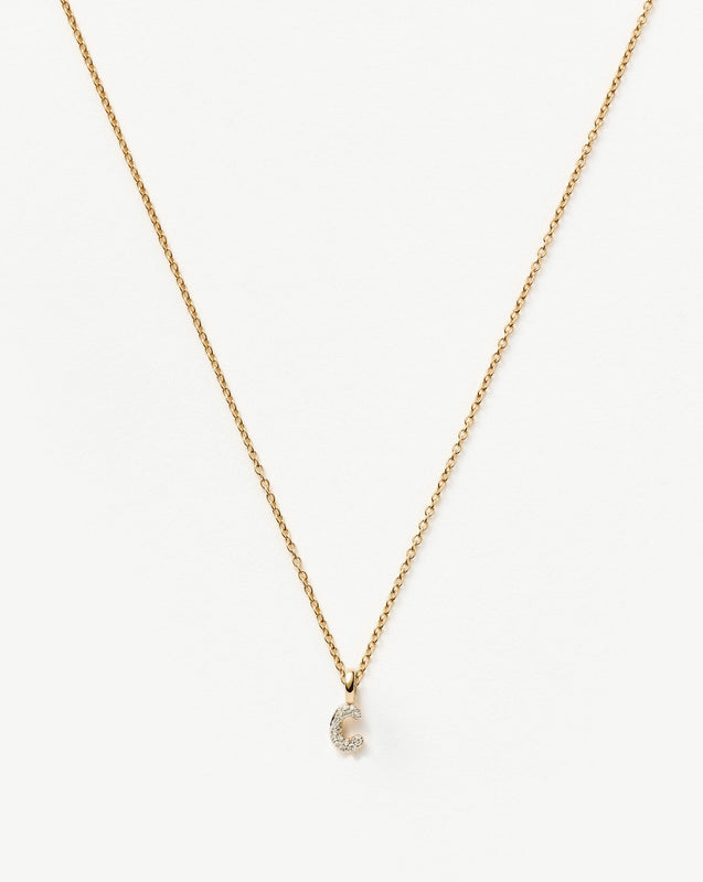 Solid Gold Diamond Initial Mini Pendant Necklace - C | 14k Solid Yellow Gold Plated/Diamond