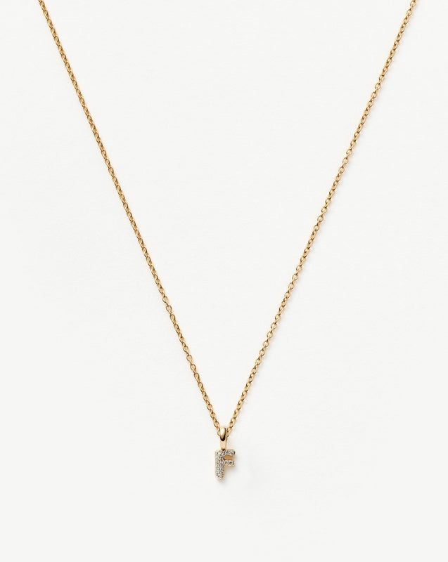 Solid Gold Diamond Initial Mini Pendant Necklace - F | 14k Solid Yellow Gold Plated/Diamond