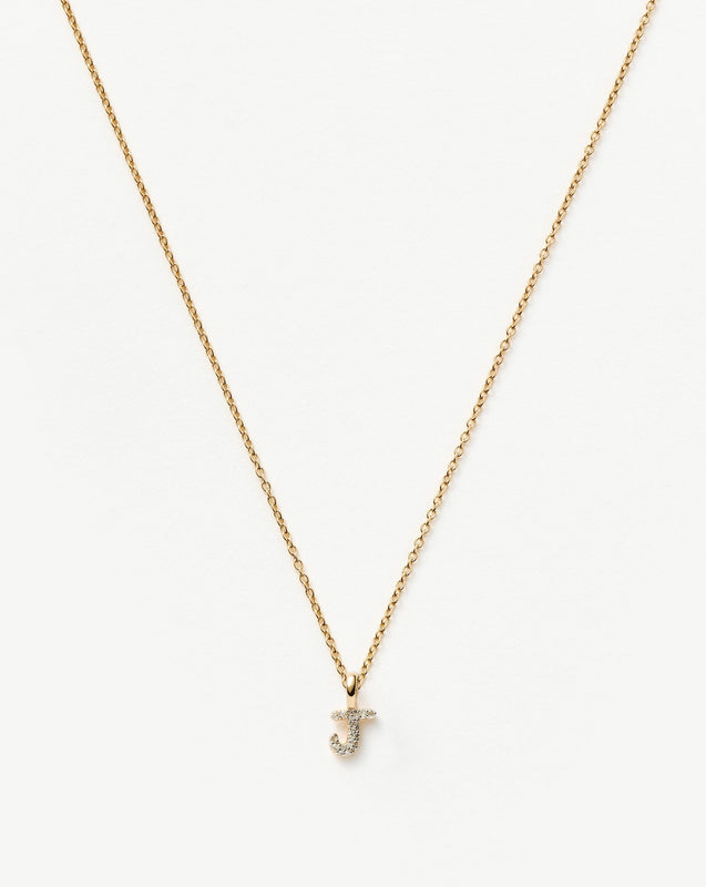 Solid Gold Diamond Initial Mini Pendant Necklace - J | 14k Solid Yellow Gold Plated/Diamond