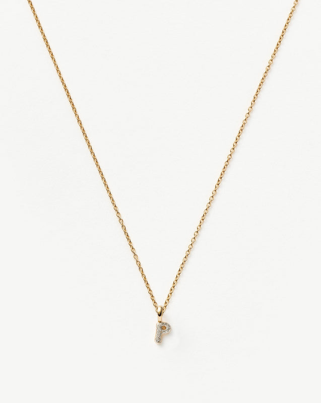 Solid Gold Diamond Initial Mini Pendant Necklace - P | 14k Solid Yellow Gold Plated/Diamond