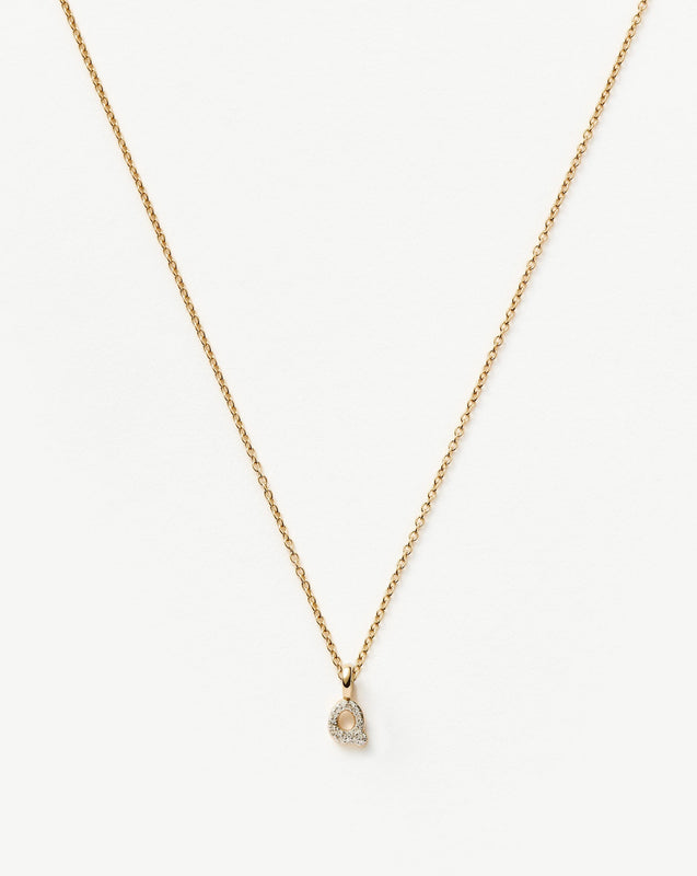 Solid Gold Diamond Initial Mini Pendant Necklace - Q | 14k Solid Yellow Gold Plated/Diamond