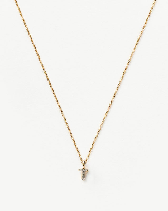 Solid Gold Diamond Initial Mini Pendant Necklace - T | 14k Solid Yellow Gold Plated/Diamond