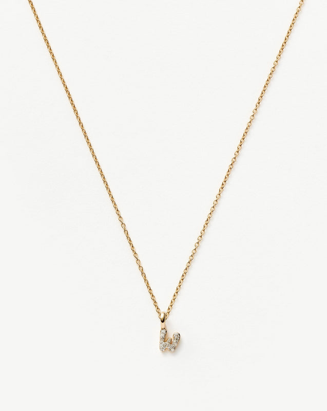 Solid Gold Diamond Initial Mini Pendant Necklace - W | 14k Solid Yellow Gold Plated/Diamond