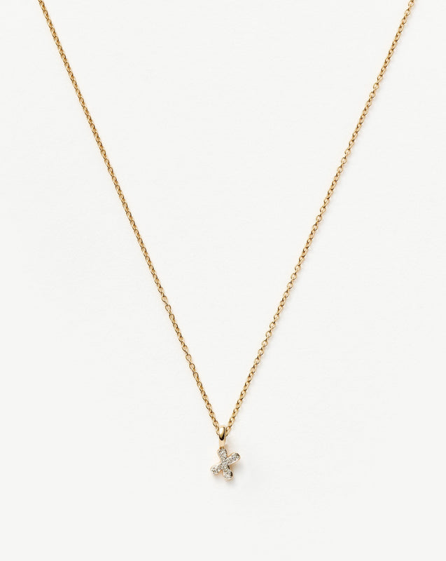 Solid Gold Diamond Initial Mini Pendant Necklace - X | 14k Solid Yellow Gold Plated/Diamond