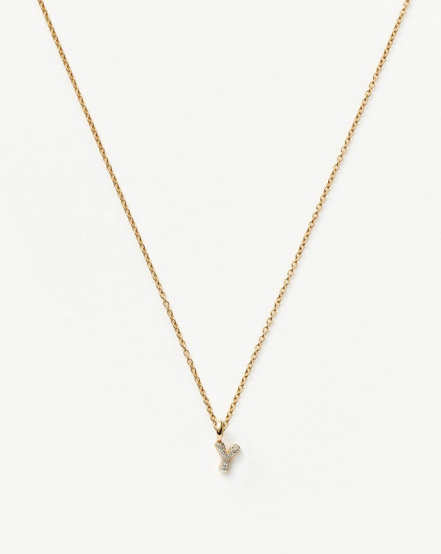 Solid Gold Diamond Initial Mini Pendant Necklace - Y | 14k Solid Yellow Gold Plated/Diamond