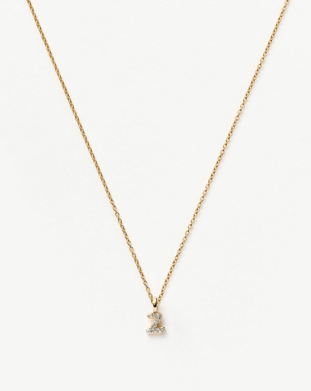 Solid Gold Diamond Initial Mini Pendant Necklace - Z | 14k Solid Yellow Gold Plated/Diamond
