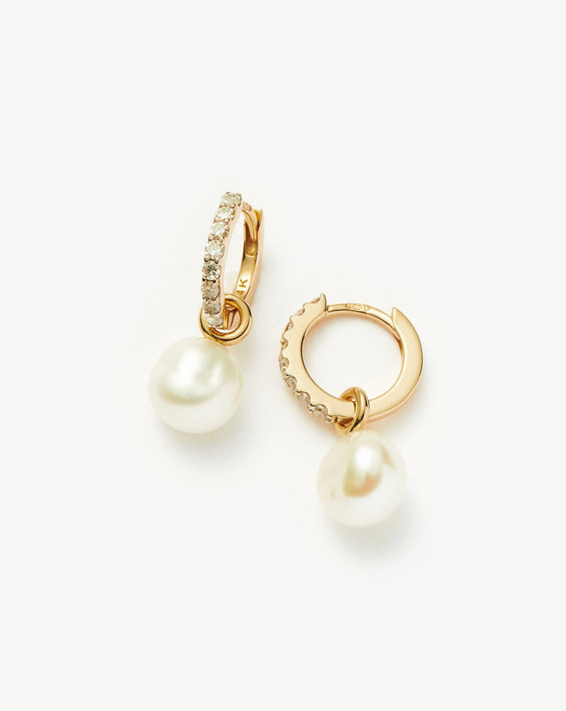 Solid Gold Diamond & Pearl Charm Hoop Earrings | 9k Yellow Gold/Pearl & Diamond