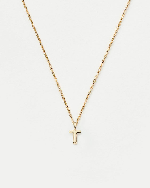 Solid Gold Initial Mini Pendant Necklace - T | 14k Solid Gold