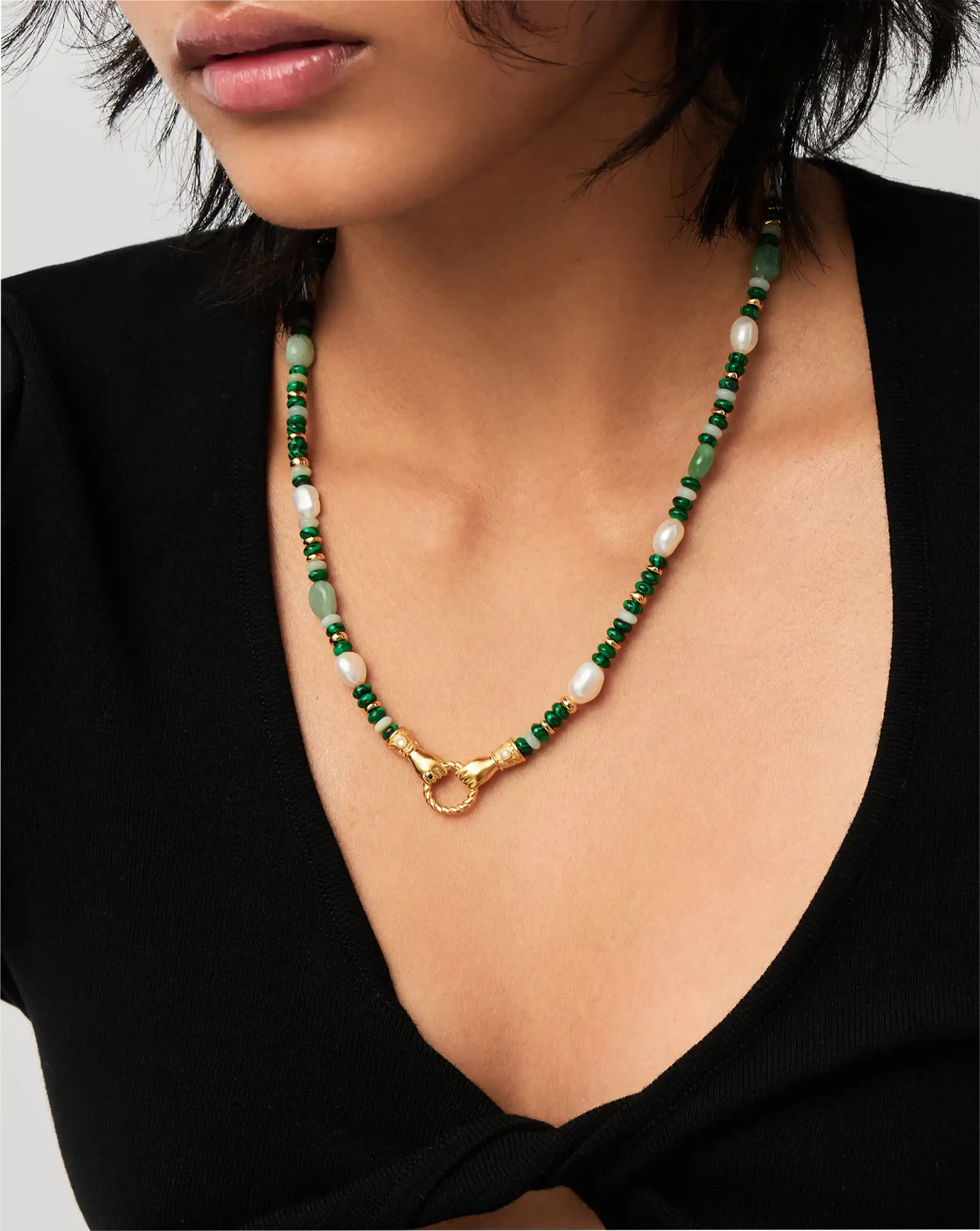 Harris Reed In Good Hands Beaded Gemstone Necklace | 18k Gold Plated/Multi Green Gemstone & Pearl Necklaces Missoma 