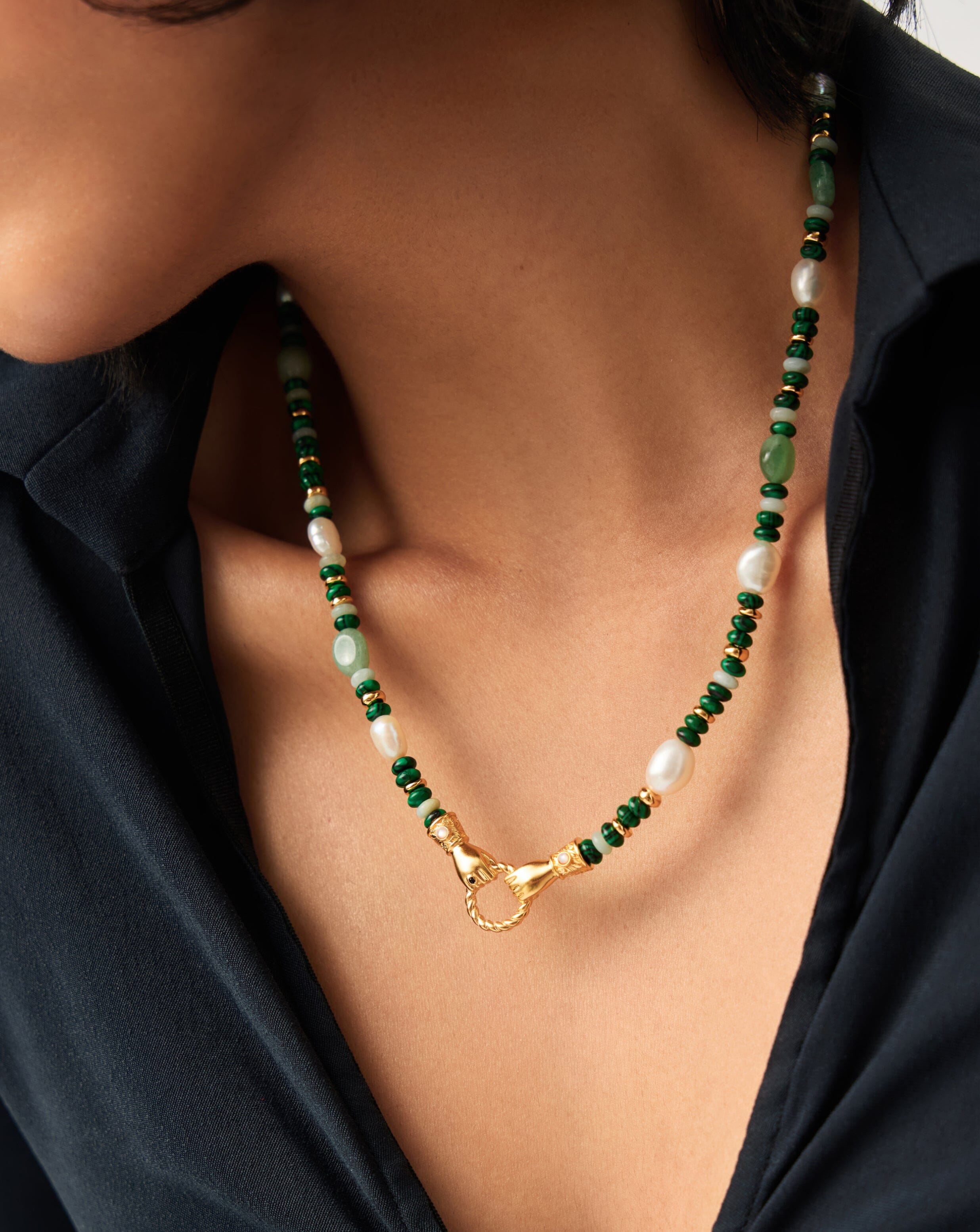 Harris Reed In Good Hands Beaded Gemstone Necklace | 18k Gold Plated/Multi Green Gemstone & Pearl Necklaces Missoma 