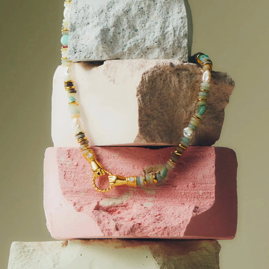 Harris Reed In Good Hands Chunky Beaded Gemstone Necklace | 18k Gold Plated/Multi Amazonite & Pearl Necklaces Missoma 