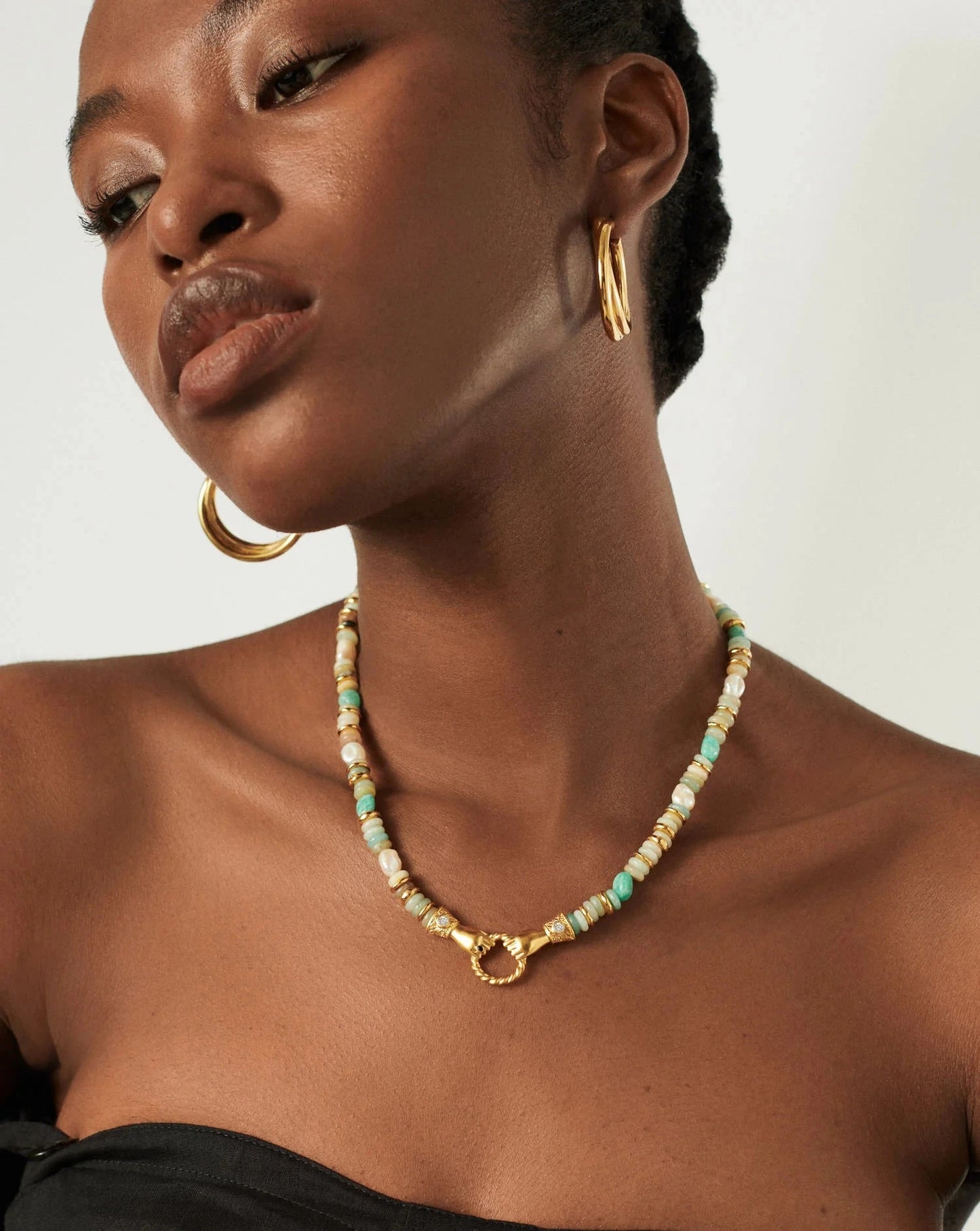 Harris Reed In Good Hands Chunky Beaded Gemstone Necklace | 18k Gold Plated/Multi Amazonite & Pearl Necklaces Missoma 