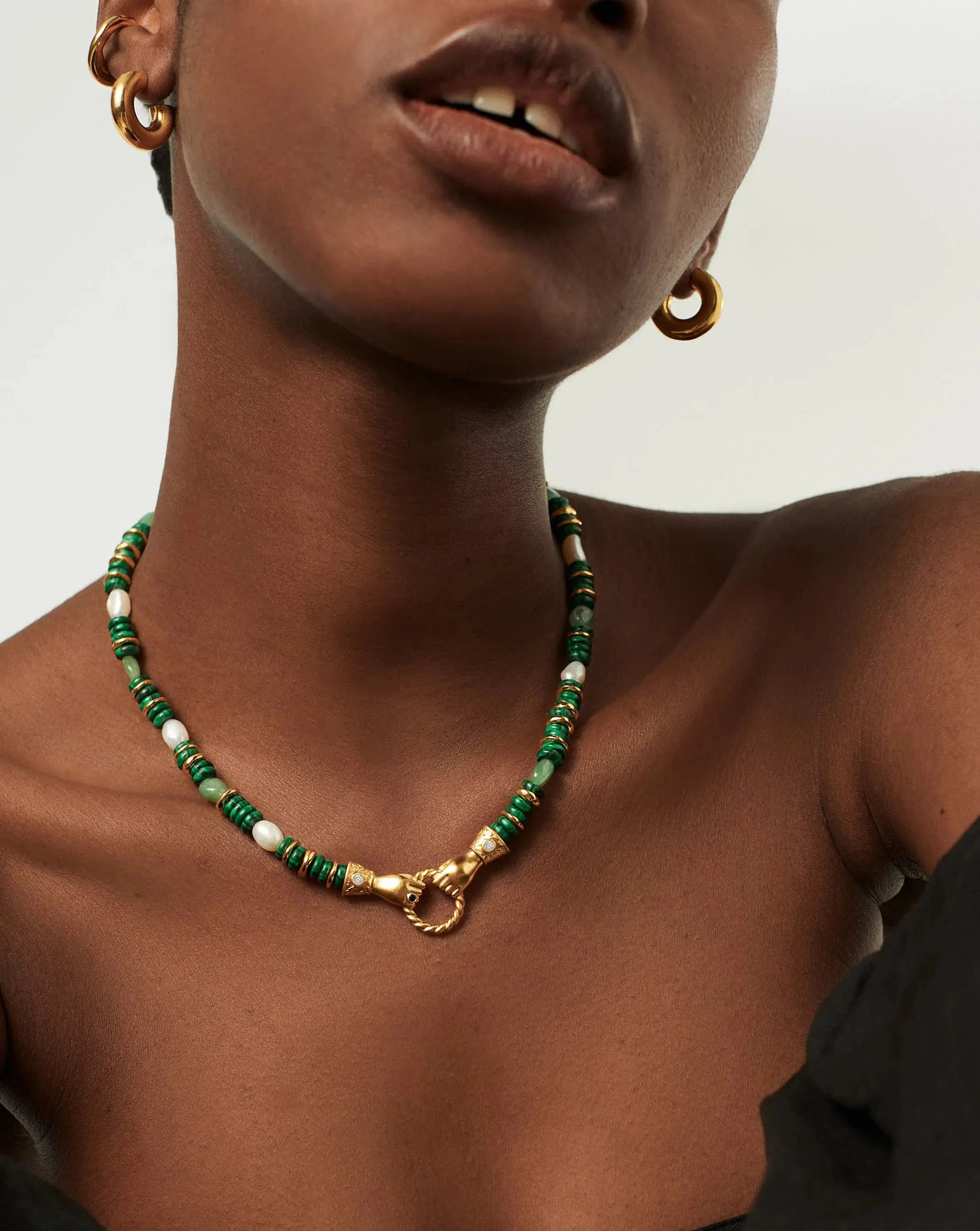Harris Reed In Good Hands Chunky Beaded Gemstone Necklace | 18k Gold Plated/Multi Green Gemstone & Pearl Necklaces Missoma 