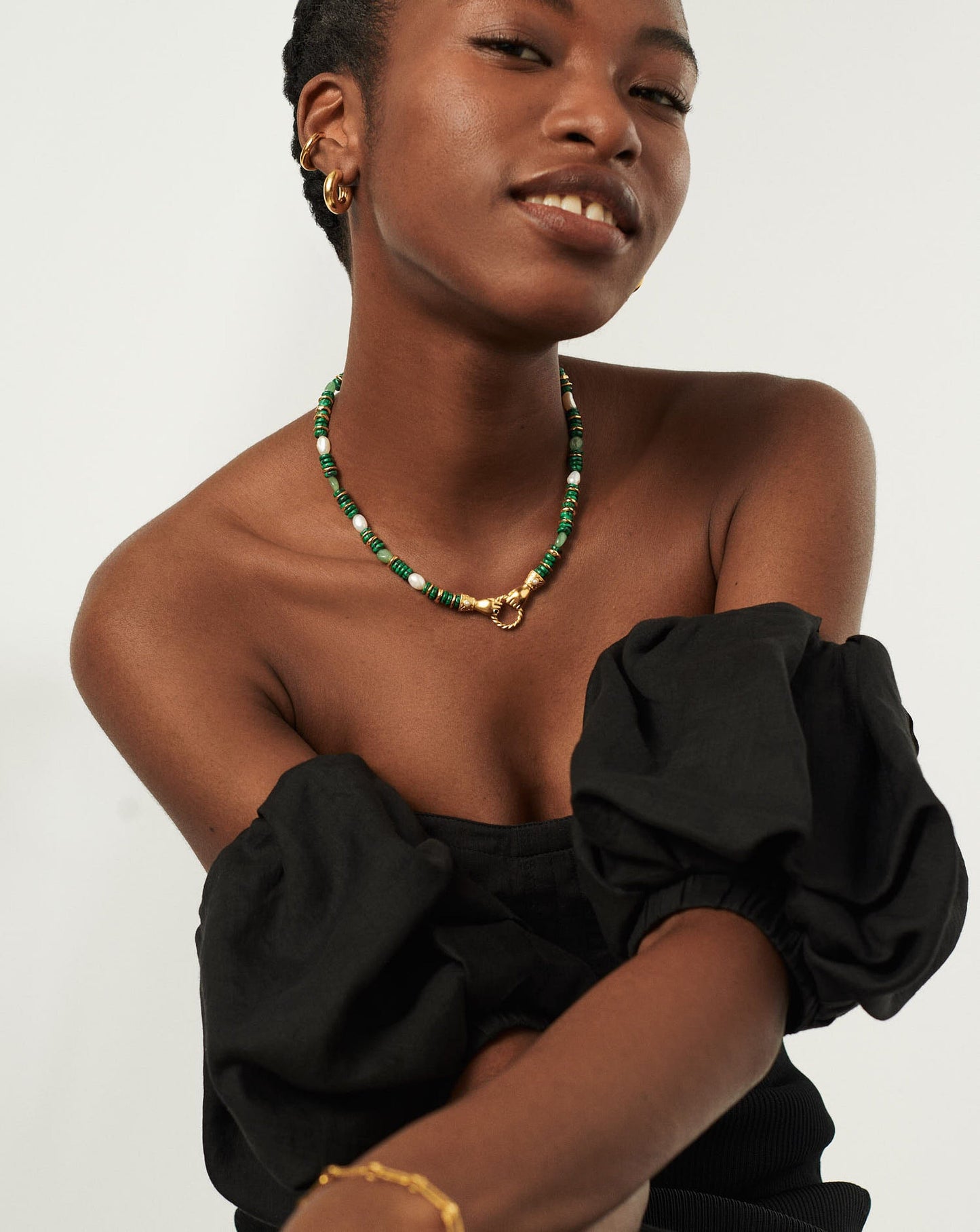 Harris Reed In Good Hands Chunky Beaded Gemstone Necklace | 18k Gold Plated/Multi Green Gemstone & Pearl Necklaces Missoma 